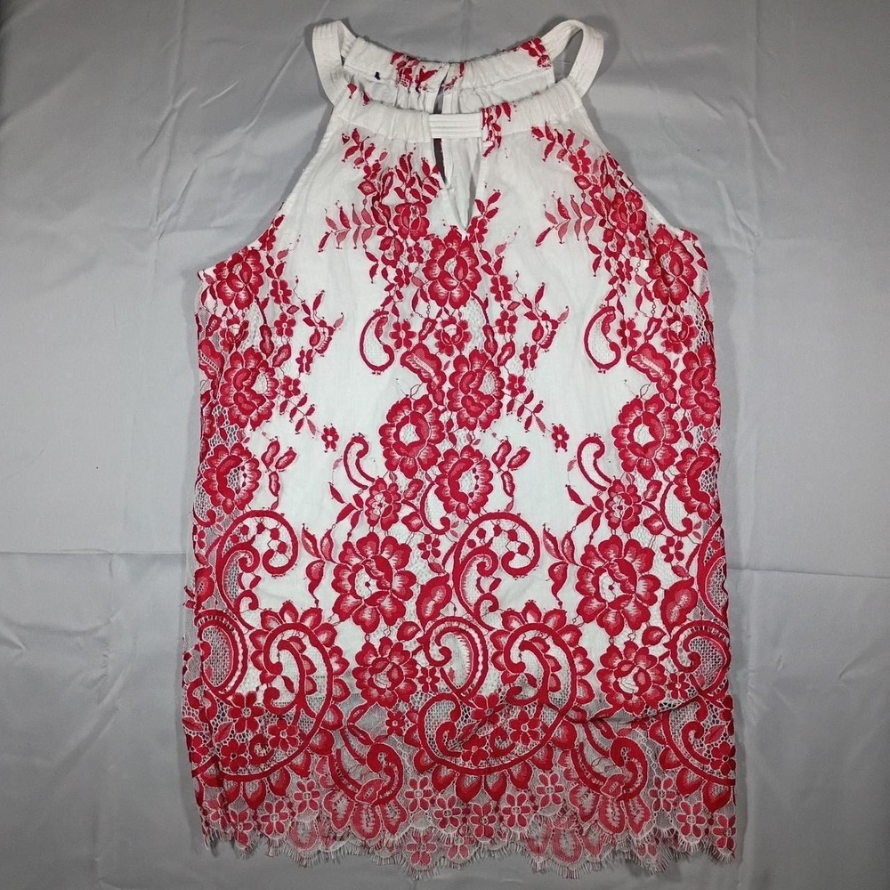 Coquette Cherry Red & White Floral Lace Tank Top, Size S